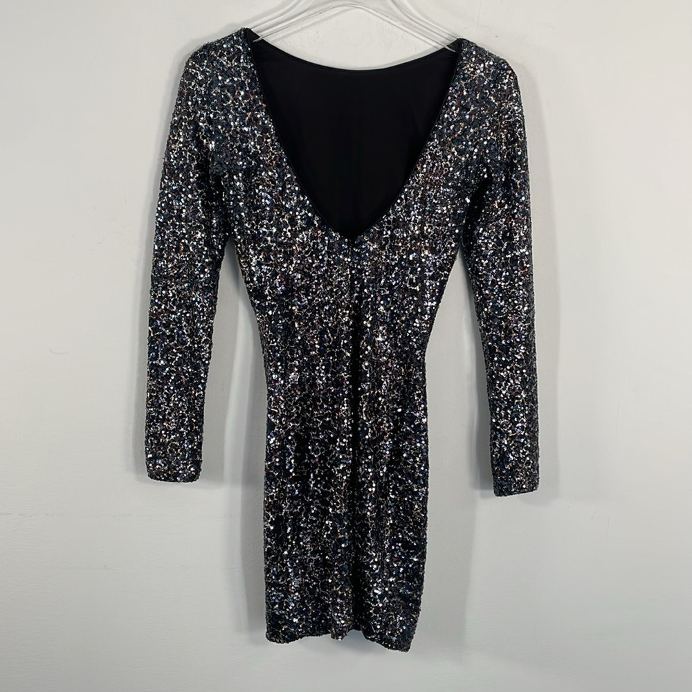 Dress the Population‎ Sequin Long Sleeve Mini Dress Black Silver Bronze Small - Picture 8 of 10